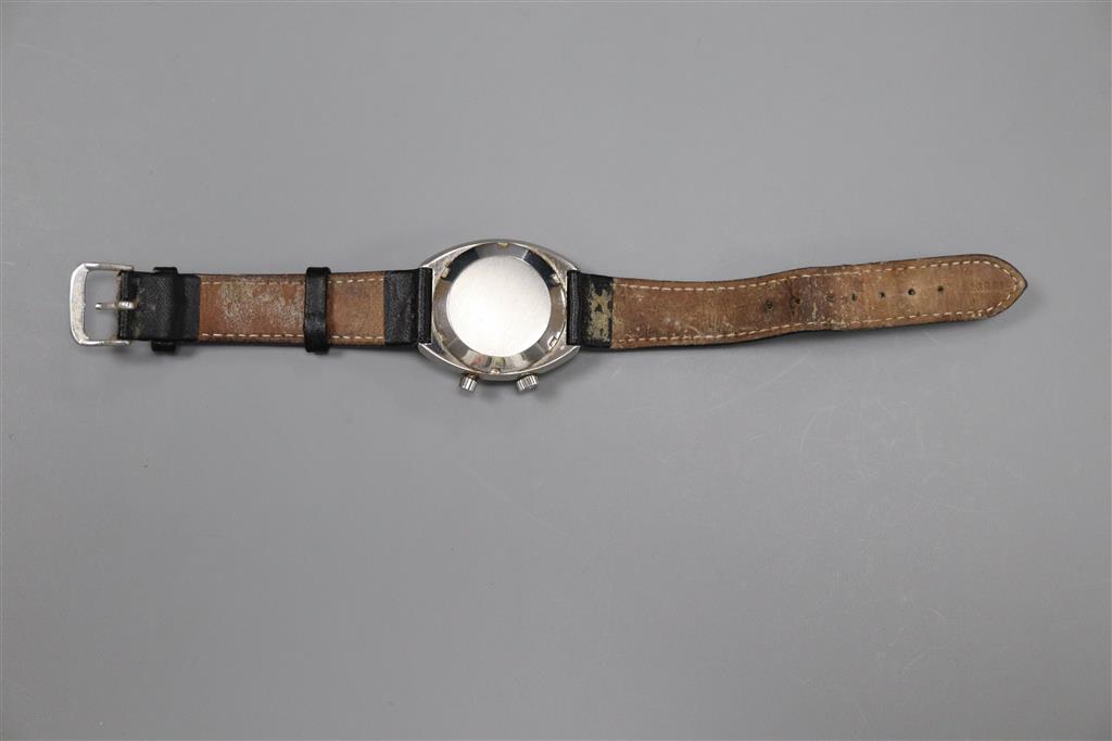 A gentlemans 1970s? stainless steel Omega Chronostop manual wind wrist watch, on a later leather strap,